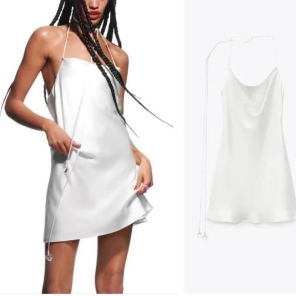 Zara Dresses & Skirts - Zara White Satin Lingerie Style Slip Strappy Night Out Dress Cowlneck heart bead